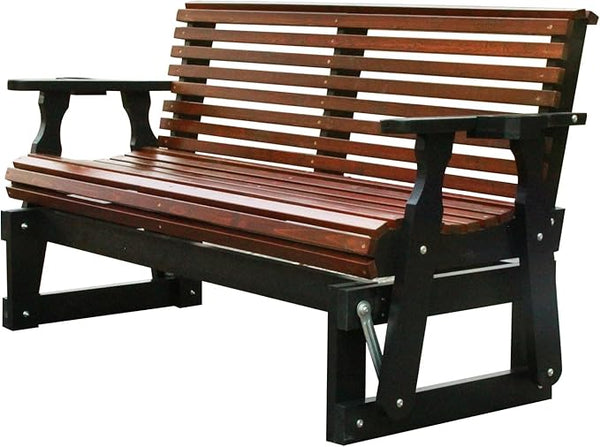 3-Seater Outdoor Glider Chair, 5FT Wood Porch Glider with High Roll Back, Cupholders and Deep Contoured for Porch - Photo 1