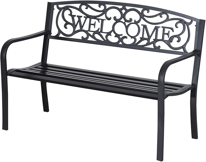 Metal Outdoor Garden Bench with Welcome Design