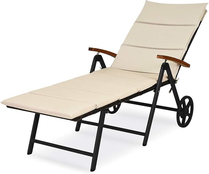 Tangkula Foldable Outdoor Chaise Lounger, Wicker Lounger Chair with Aluminum Black Frame, Wheels for Easy Moving, 7-Position Adjustable Cushioned Rattan Chaise for Poolside, Garden, Balcony and Patio