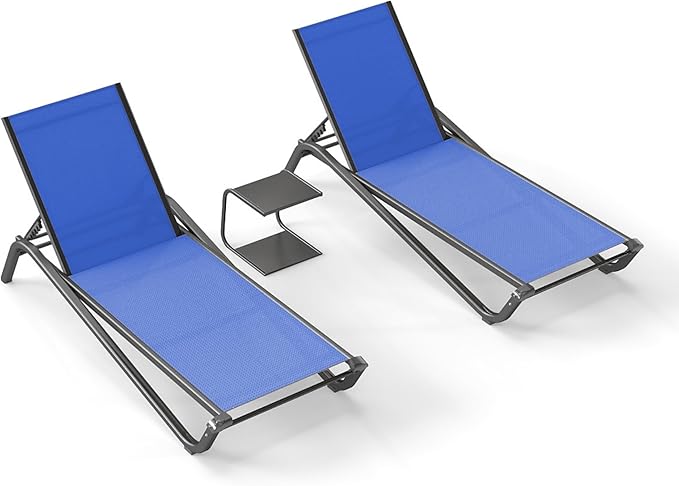 Kingdura Chaise Lounge Chair for Pool, Aluminum Outdoor Lounge Chairs with 5 Positions Recliner, Lightweight Pool Lounger Lounge Chairs for Outside Patio Deck Poolside (Royal blue, 2 Chairs & 1 Table)