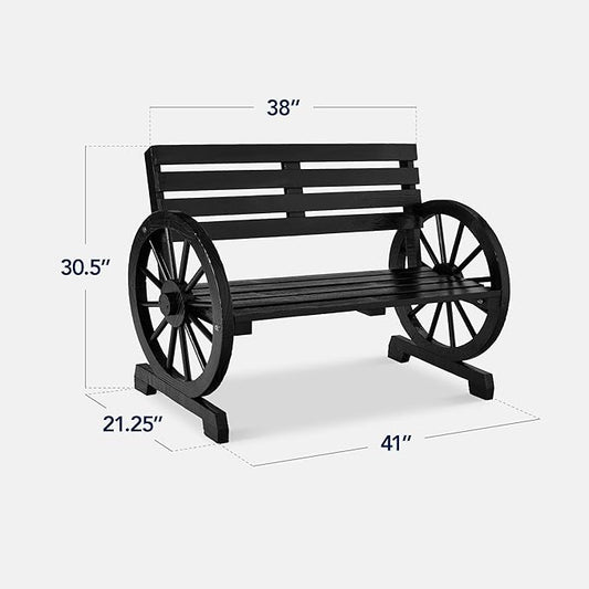 Best Choice Products 2-Person Wooden Wagon Wheel Bench for Backyard, Patio, Porch, Garden, Outdoor Lounge Furniture w/Rustic Country Design, Slatted Seat and Backrest - Black