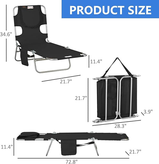 Folding Beach Lounge Chair with Face Hole and Arm Slots, 5-Level Adjustable Sun Lounger Tanning Chair with Pillow for Patio, Garden, Beach, Pool (Black)