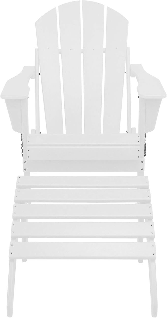 WestinTrends Malibu Outdoor Lounge Chair, 2-Pieces Adirondack Chair Set with Ottoman, All Weather Poly Lumber Patio Lawn Folding Chairs for Outside Pool Garden Backyard Beach, White