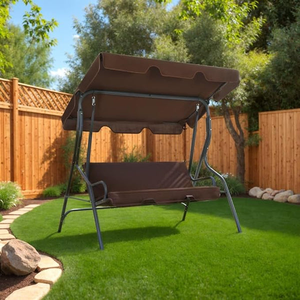 3-Seater Garden Swing Bench with Adjustable Canopy, Outdoor Patio Porch Seat, Coffee Powder-Coated Steel Frame - Photo 1