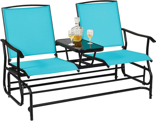 Giantex Patio Bench Glider Chair with Metal Frame, Center Tempered Glass Table - Photo 1
