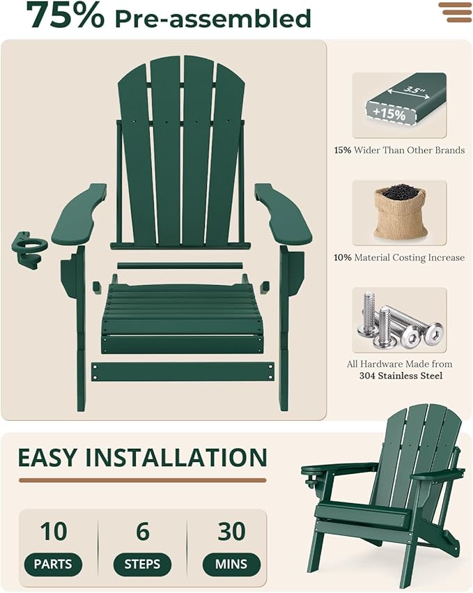 BRIOPAWS Folding-Adirondack-Chairs Set of 2 | HDPE | Fire Pit Chair | Cup Holder | Weather Resistance | Forest | for Outdoor Backyard Deck Patio