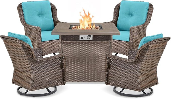 Outdoor Patio Swivel Gliders with Fire Pit Table 5 Piece Set - High Back Brown Wicker Rattan Rocking Chair with Thick - Photo 1