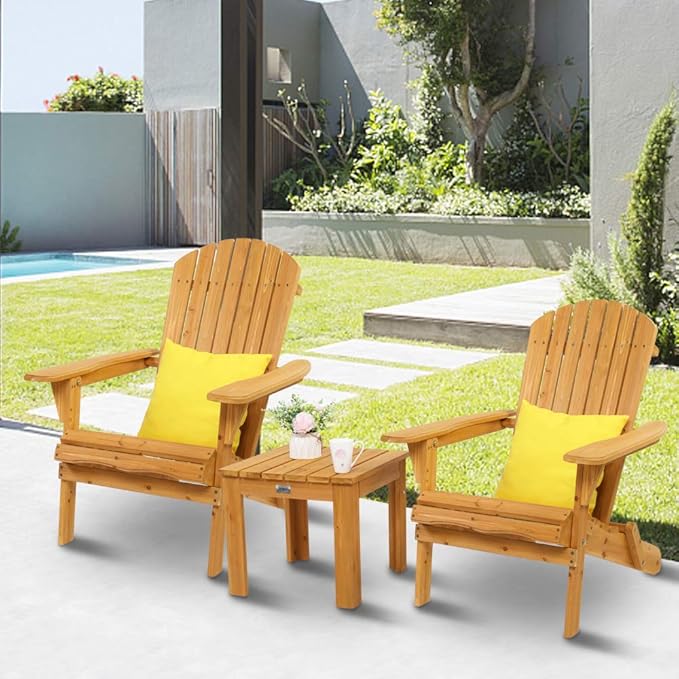 VINGLI Wooden Adirondack Chair Ergonomic Design (2pk), Folding Outdoor Patio Lounger Armchair Furniture w/Natural Finish, for Beach, Poolside, Balcony