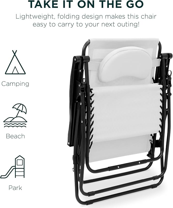 Best Choice Products Oversized Zero Gravity Chair, Folding Outdoor Patio Lounge Recliner w/Cup Holder Accessory Tray, Pillow - Snow/Black