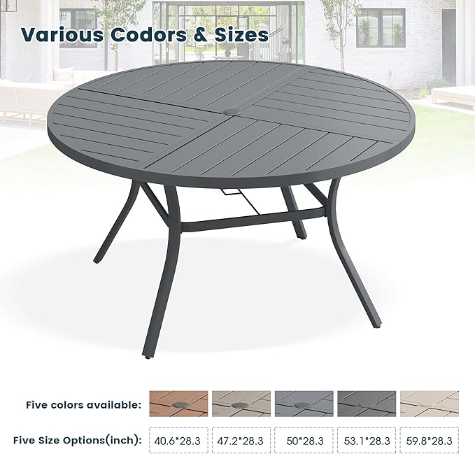 Patio Dining Table for 6-8, Round Metal Outdoor Table with Storage Shelf, 1.57" Umbrella Hole, 53" Outdoor Quartered Tabletop Dining Table for Backyard, Porch, Lawn, Dark Grey