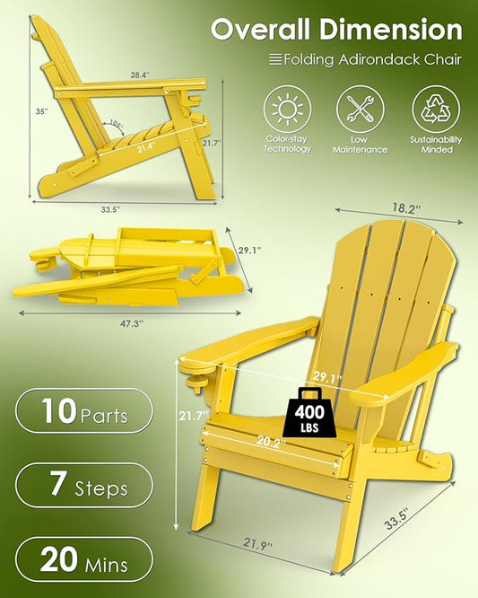 GREENVINES Folding-Adirondack-Chairs-Set-of-2 | HDPE Plastic | Fire Pit Chair | All Weather | Cup Holder | Yellow | for Deck Backyard Patio Outdoor Garden