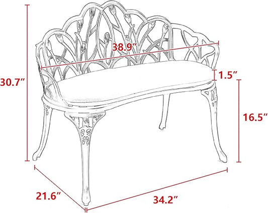 Tulip Patio Garden Bench Metal Park Bench Cast Aluminum Outdoor Furniture with Floral Rose for Patio,Park,Lawn,Yard Black Withe Cushion