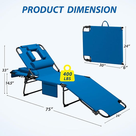 400lbs Tanning Chair, 5-Fold Beach Lounge Chair with Face Hole & 2 Side Pockets, Non-Slip Foot & Portable Handle, Beach Chaise Lounge for Patio/Pool/Lawn(1, Blue)