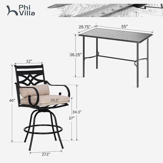 PHI VILLA 5 Piece Patio Bar Set,Outdoor Bar Table and Chairs Set, Strong and Heavy Duty Outdoor Bar Set with Cushion and Pillow,4PC Swivel Bar Stools with Rectangular Bar Height Table