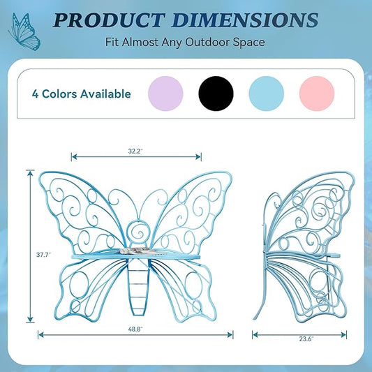 49 Inch Outdoor Bench, Blue Garden Bench with Metal Frame, Weatherproof Butterfly Front Porch Benches for Lawn, Garden, Yard, Balcony