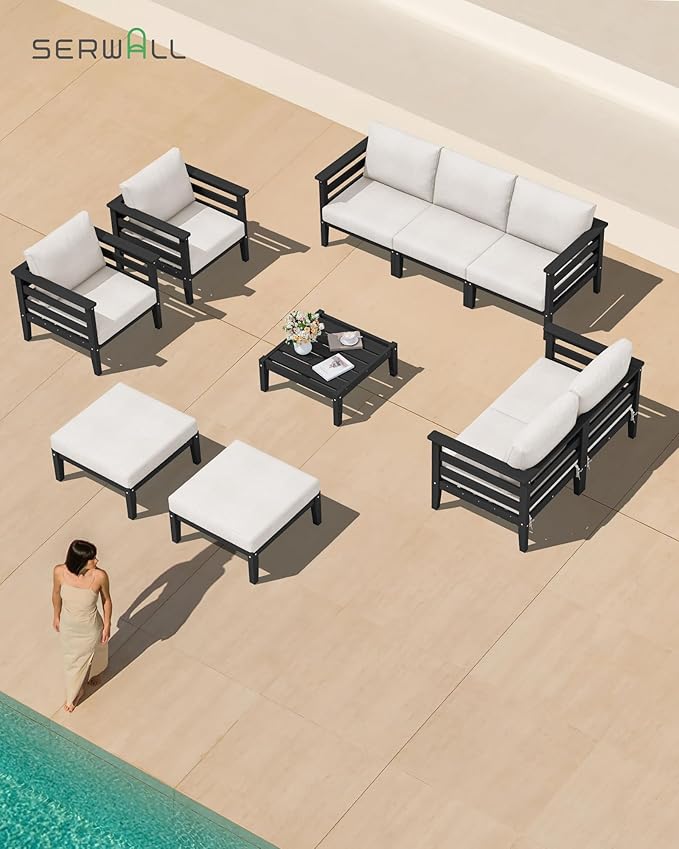 SERWALL HDPE Outdoor Furniture Set, 10 Pieces Patio Sectional Sofa Set, All-Weather Wood-Like Outdoor Sofa with Coffee Table for Deck, Garden, Black Frame with Khaki Cushion