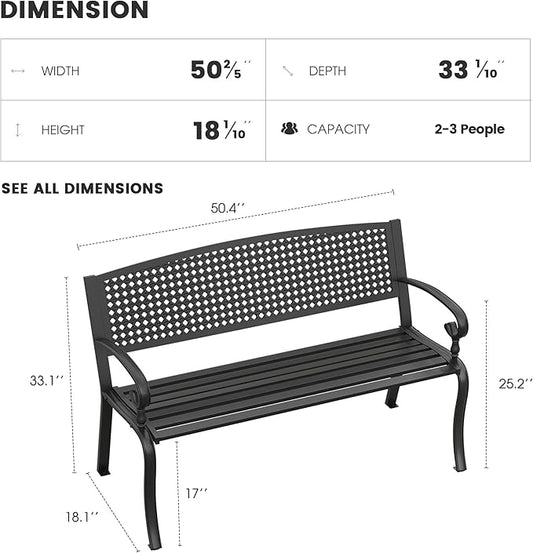 Outdoor Bench, 50 inches Metal Garden Bench, Cast Iron Steel Frame Patio Chairs w/Twist Circle Pattern Backrest for Park, Yard, Porch, Lawn, Balcony, Backyard, Black