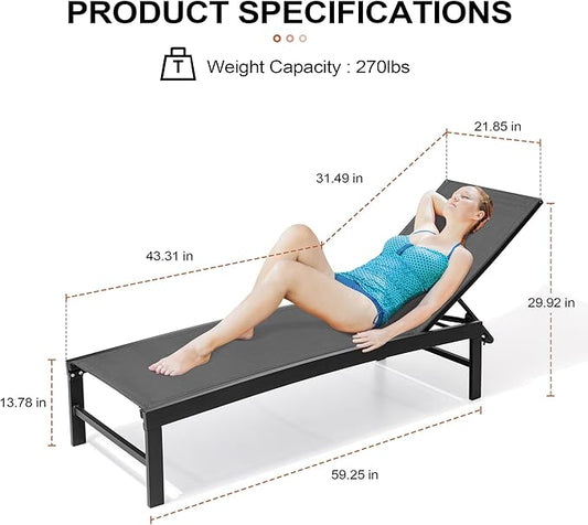 Crestlive Products Aluminum Adjustable Chaise Lounge Chair Five-Position and Full Flat Outdoor Recliner All Weather for Patio, Beach, Yard, Pool (1PC Black)