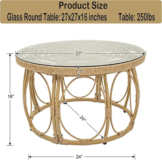 Rattan Glass Coffee Table 27" Round Patio Side Table, 16" Height Wicker Outdoor Coffee Table with Tempered Glass Top, Small Round Table for Balcony, Living Room, or Garden, Natural