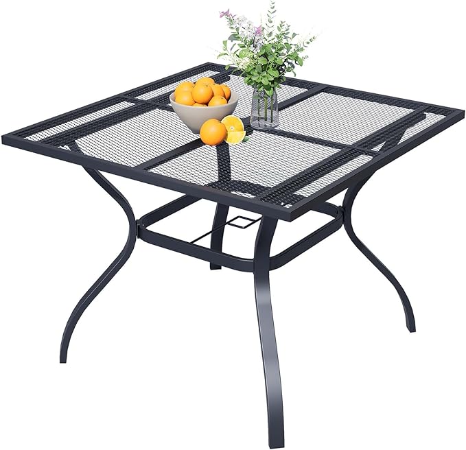 37.6'' Outdoor Patio Dining Table with Adjustable Umbrella Hole, Mesh Tabletop Square Table, Heavy Duty 400lbs Capacity, for Deck, Balcony, Bistro, Black