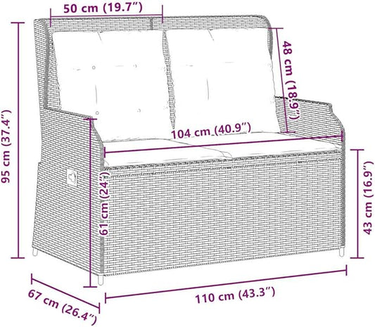 Reclining Garden Bench Gray Poly Rattan Outdoor Seating for Patio Balcony Porch 40.9 Inch Modern Loveseat with Adjustable Backrest Weather-Resistant for Living Room Garden and Sunroom
