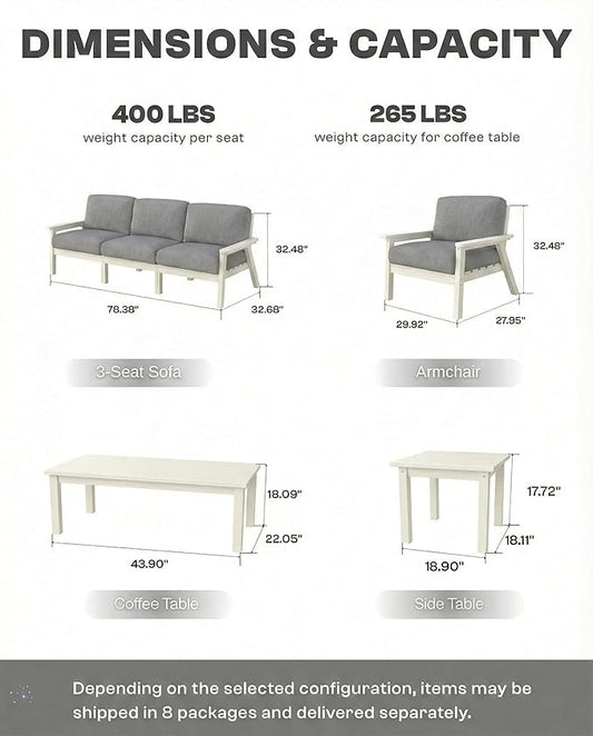 HDPE 5 Piece Patio Furniture Set, Outdoor Couch with Washable Thick Gray Cushions & Coffee Table & Side Table, Outdoor Sectional Furniture for Backyard, Deck, Lawn, Porch (White Frame)