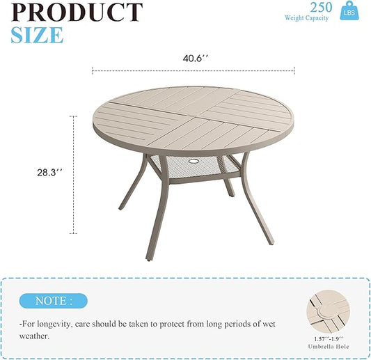 VICLLAX 40.6" Round Patio Table with Umbrella Hole, All Weather Metal Outdoor Dining Table for 4, Outside Table with Storage Shelf for Lawn Garden, Sandshell Color