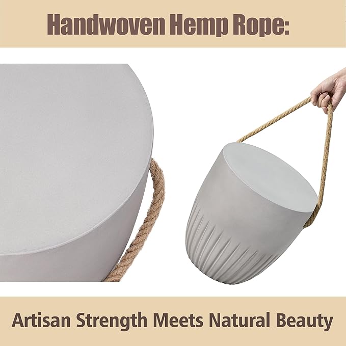 Outdoor Side Table for Patio- 16.5” Round MgO Stone Concrete Side Table, Modern Accent Table with Hemp Rope, Lightweight Weatherproof End Table for Patio, Garden, or Indoor Use, Gray