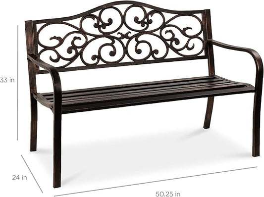 Best Choice Products 50in Classic Steel Garden Bench Chair Furniture for Outdoor, Patio, Yard, Lawn w/Floral Scroll Design - Bronze