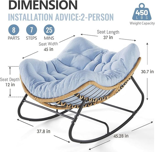 SWITTE Outdoor Rocking Chair, Oversized Patio Papasan Rocker, Comfy Wicker Reading Lounge, Indoor Egg Chair for Bedroom, Living Room, Porch, Garden, Lawn-Light Blue