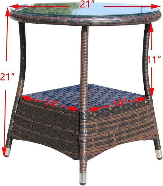 Round Outdoor PE Wicker Side Table with Storage, Patio Rattan End Table Round Glass Top Table for Furniture Gardening Tools