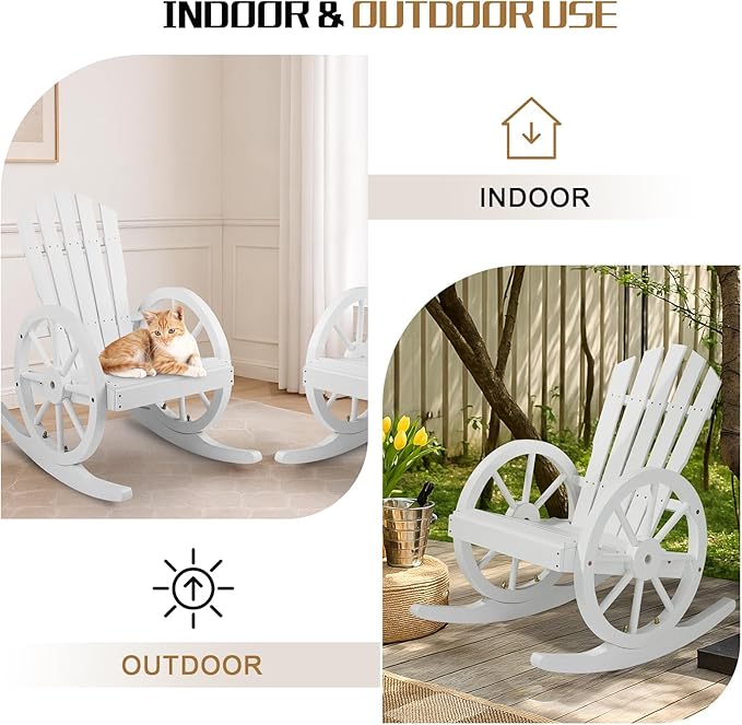 Outvita Adirondack Rocking Chair Set of 2, Wood Wagon Rocker, Outdoor Wooden Carbonized Lounge Chairs with Wheel Armrest for Garden Patio Country Yard(White