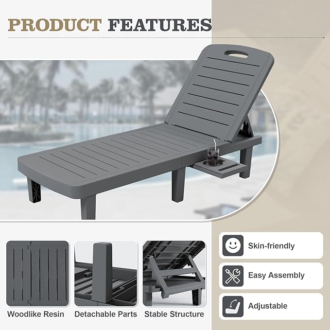 UDPATIO Outdoor Lounge Chairs Set of 2, Resin Adjustable Backrest & Side Table – Oversized Heavy Duty Patio Reclining Lounger Seating for Pool, Beach,Garden,Resin Grey,2 PCS