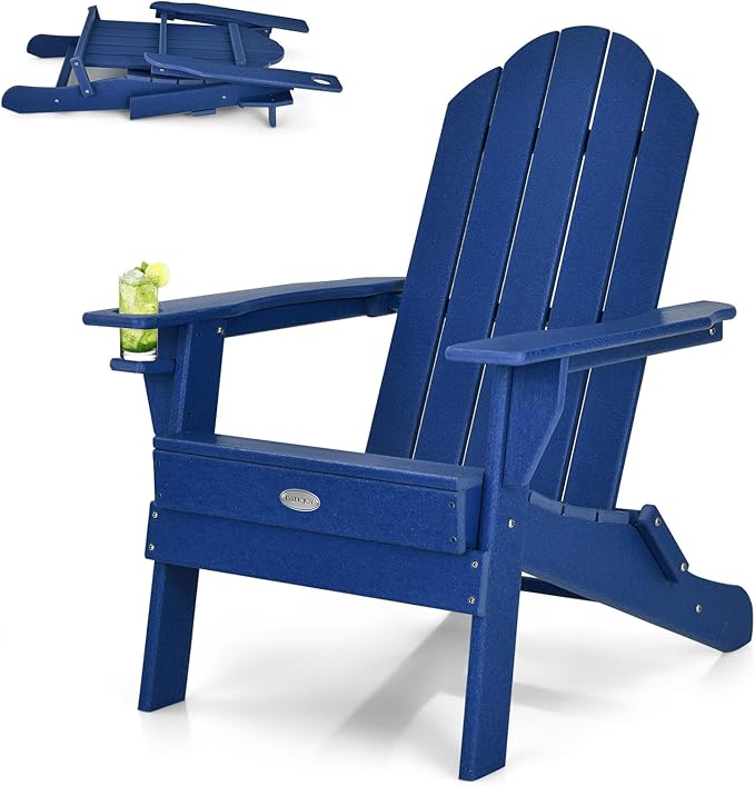 Tangkula Outdoor Folding Adirondack Chair, HDPE Armchairs with Cup Holder, Weather Resistant Lounger Chair for Patio Garden Fire Pit Backyard, Lawn Porch Seating, Adirondack Lounger (2, Navy)