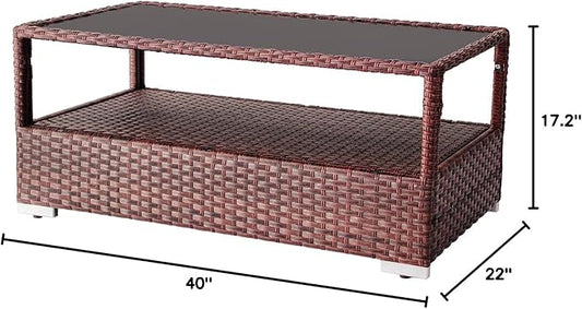 DIMAR GARDEN Outdoor Coffee Table Wicker Patio Rattan Side Table with Glass Top and Storage Shelf,40in Mixed Brown