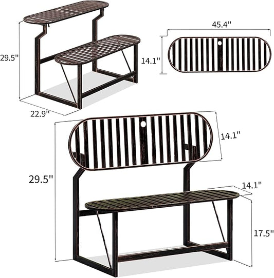 Convertible Bench, 2 in 1 Carbon Steel Picnic Table, Transforming Interchangeable Outdoor Table with Umbrella Hole, for Outside Patio Porch Backyard Park Garden 1 Pack Retro Brown Bench