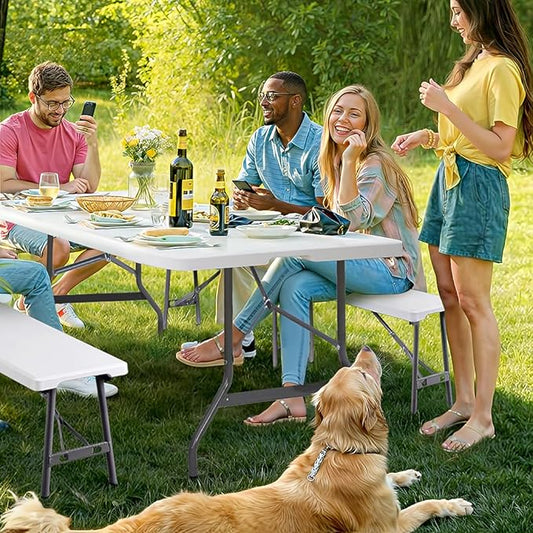 SUPER DEAL 6 FT Plastic Folding Bench, Portable Outdoor Bench with Handle & Non-Slip Mat, Waterproof Dining Seat for Picnic Party Garden Camping Soccer Field, 2 Pack, White