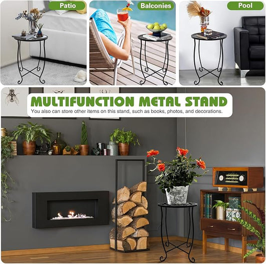 Fashion&cool Outdoor Side Tables, Weather Resistant Metal Patio Side Table, Small Round Outdoor End Table Side Table for Patio Yard Porch Balcony Garden Bedside, Plant Stand for Indoor Outdoor