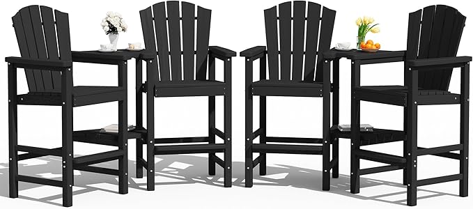 KINGYES Tall Adirondack Chair Set of 4, All Weather HDPE Outdoor Adirondack Bar Stools with Double Connecting Trays, Bar Height Airondack Chair with Wood Grain for Balcony, Deck, Backyard, Black
