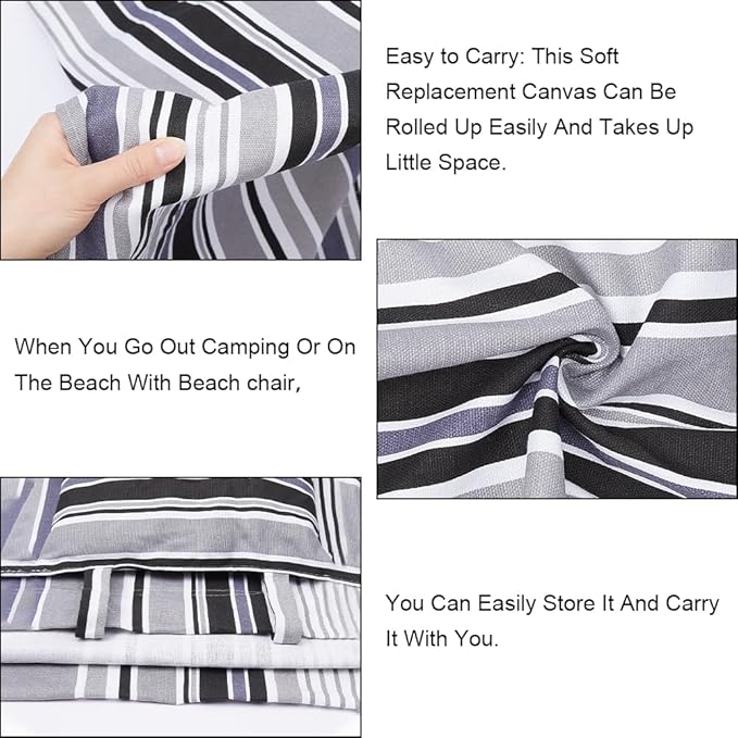 GORGECRAFT Beach Sling Chair Canvas Cloth with Pillow 44x17 Grey and Black Stripes Casual Lounge Chair Replacement Canvas Outdoor Folding Chair Fabric for Patio Beach Sunbathing Garden Courtyard