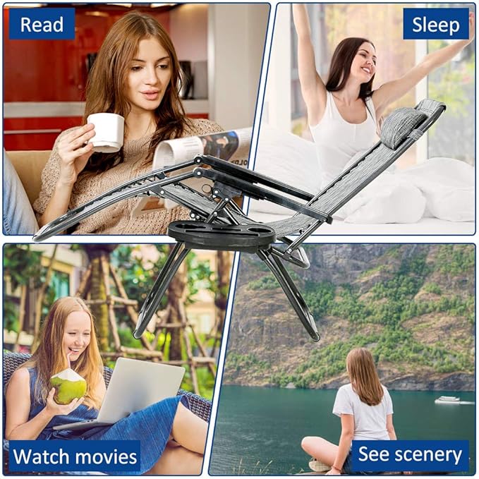 Dkeli Zero Gravity Chair Patio Chair Lounge Chair Chaise 2 Pack Outdoor Folding Adjustable Recliner Chair with Cup Holder Tray and Pillows for Patio, Pool, Beach, Lawn, Deck, Yard - Grey