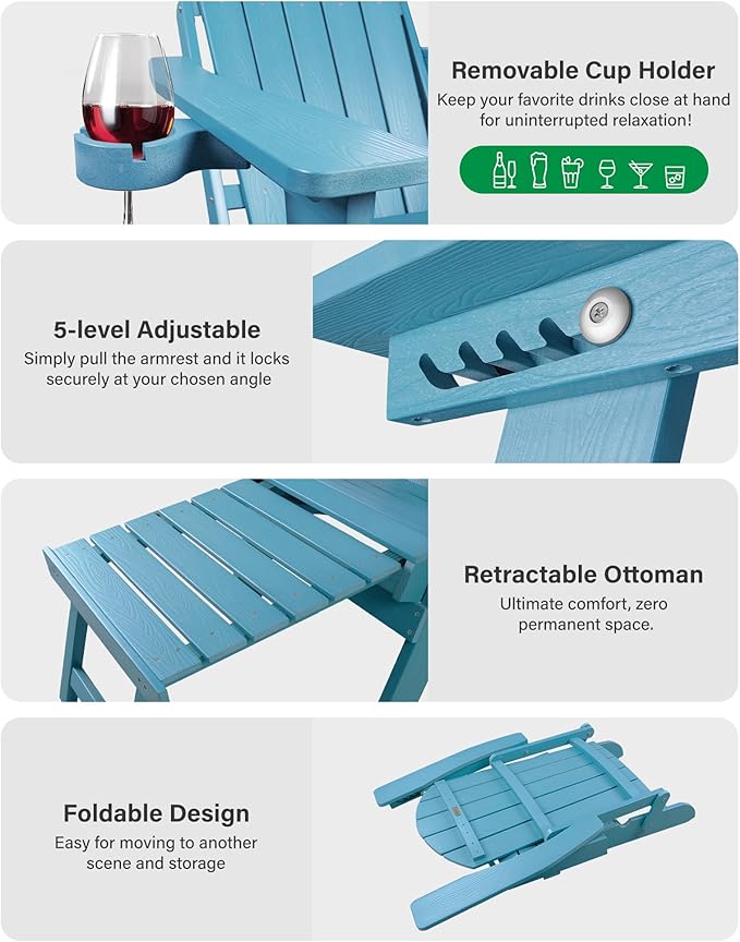 YEFU Adjustable Adirondack Chair with Footrest Set of 4, 5-Level Adjustable Adirondack Chair with Retractable Ottoman& Cup Holder, Folding Adirondacks Chairs Use for Outdoor, Pool, Fire Pit