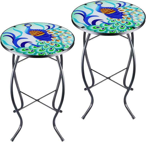2PCS 12 Inch Small Outdoor Side Table with Colorful Peacock, Glass Mosaic Patio Table Indoor - Photo 1