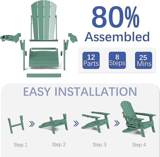 FOOWIN Adirondack Chair with Retractable Ottoman,HDPE Folding Adjustable Adirondack Chair w/4 in 1 Cup Holder Trays,All-Weather Resistant Fire Pit Chair for Outdoor Patio Lawn Set of 6