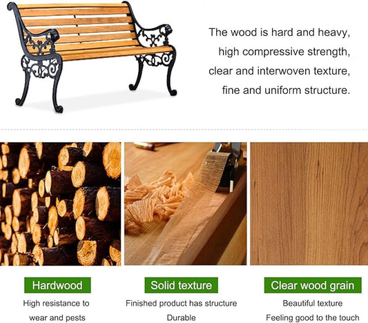 Garden Bench, Cast Iron Metal Frame Patio Park Bench, Wrought Iron Bench with Backrest and Armrests, Patio Bench with Wood Seat, Outside Furniture Decor, for Lawn, Park, Deck(Brown)