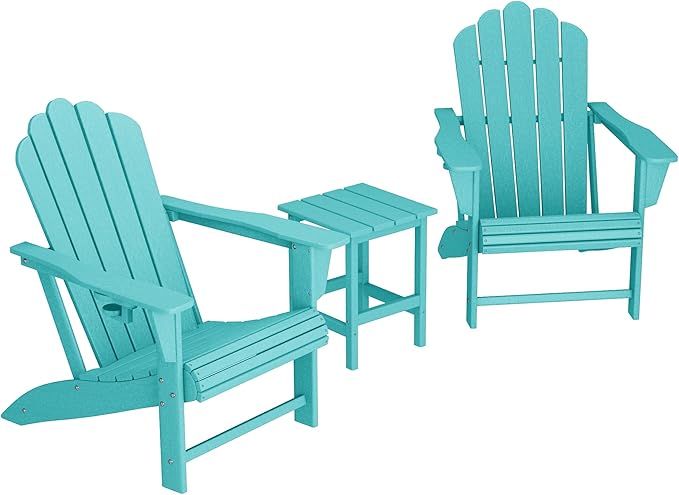 Costaelm Lakeview 3-Piece Outdoor Patio HDPE Adirondack Chair with Cup Holder and Table Set, Turquoise
