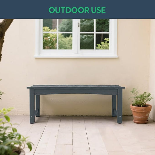 Weatherproof HIPS Outdoor Bench, 2-Person Patio Dining Bench, All-Weather Poly Lumber Garden Bench, Never Rot or Fade, Park Bench with Wood Grains for Porch, Deck, Entryway, Grey, 2 Pack