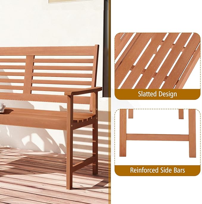 Tangkula Wood Outdoor Bench, 2-Person Patio Bench with Ergonomic Backrest & Armrests, Slatted Seat, Teak Oil Finish, for Front Porch, Backyard, Park, Loads up to 660 LBS