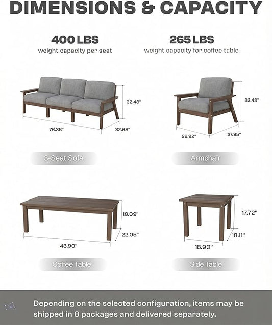 HDPE 5 Piece Patio Furniture Set, Outdoor Couch with Washable Thick Gray Cushions & Coffee Table & Side Table, Outdoor Sectional Furniture for Backyard, Deck, Lawn, Porch (Brown Frame)