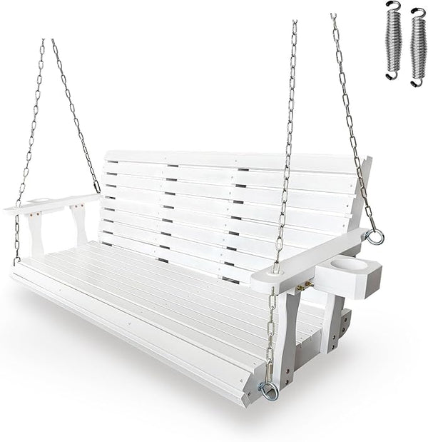 Wooden Porch Swing 3-Seater, High Backrest and Deep Seat, Bench Swing with Cupholders, Hanging Chains and 7mm Springs - Photo 1